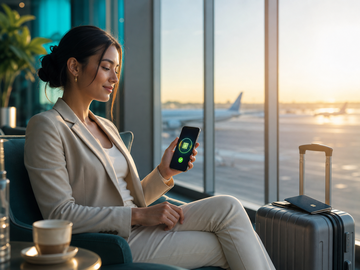 Traveller activating an eSIM at an airport lounge