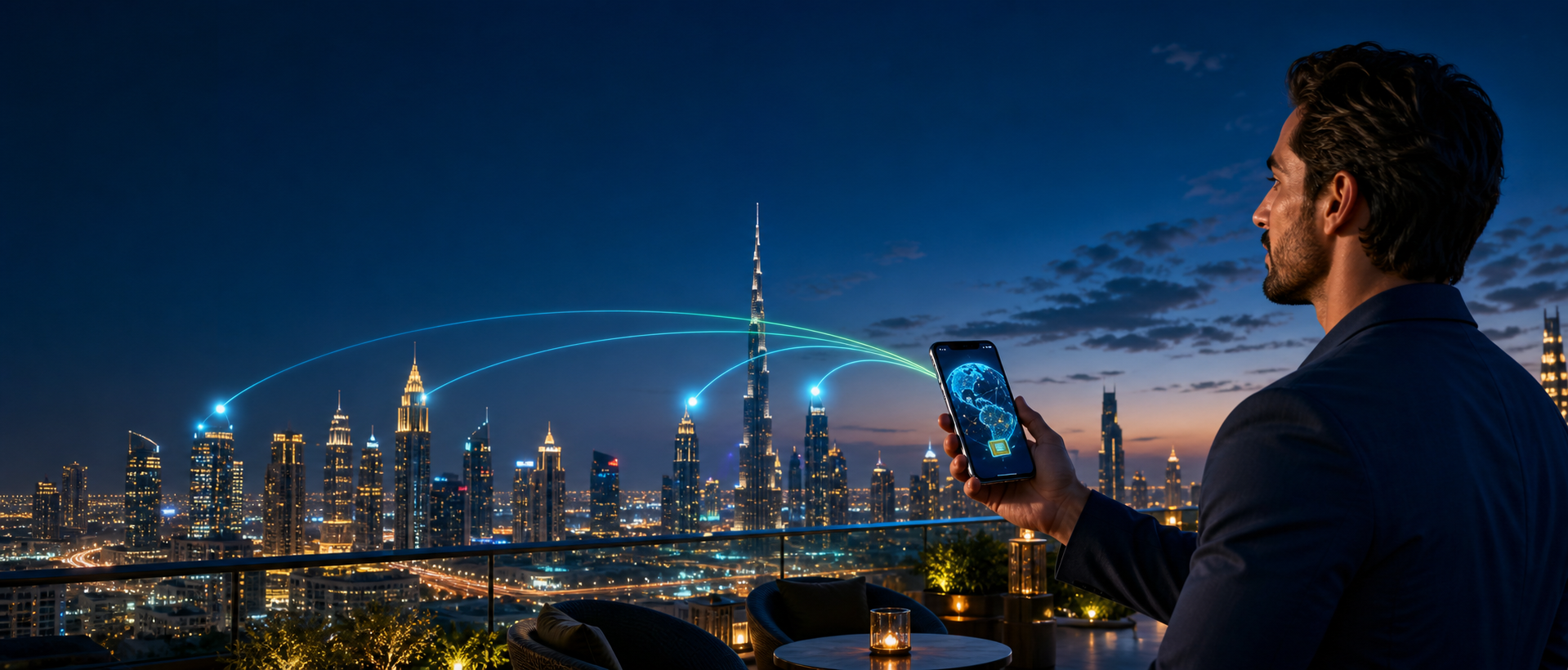 Traveller connected by eSIM overlooking Dubai skyline at night