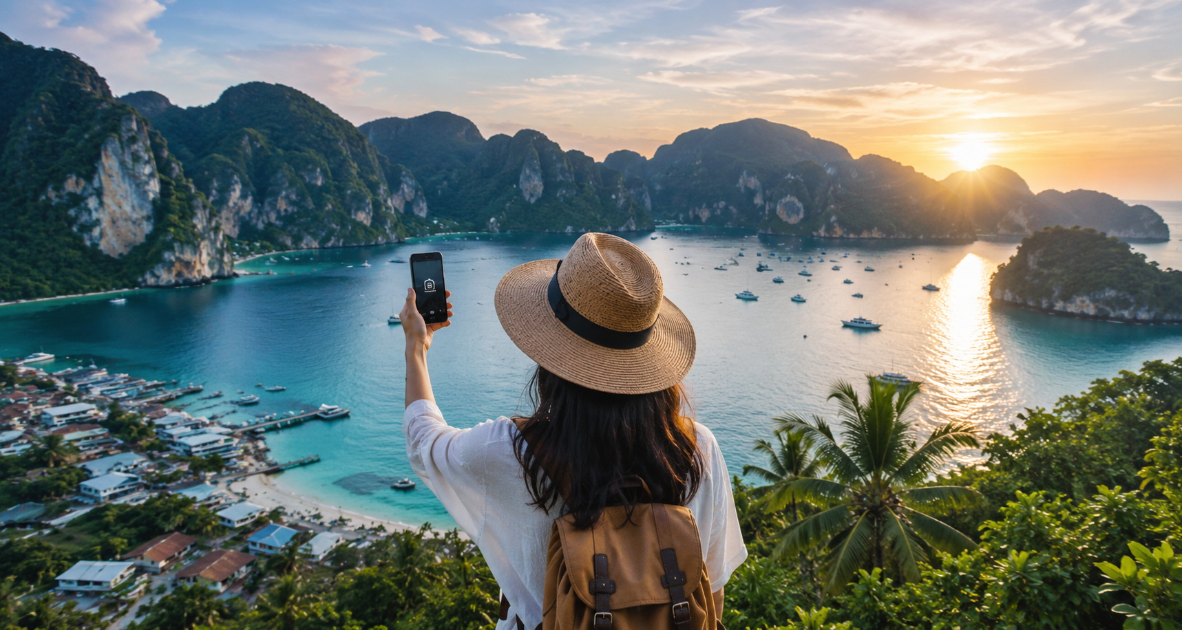 Traveller using a digital eSIM overlooking tropical islands