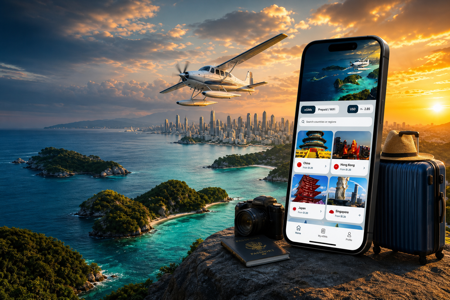 Travel eSIM plans on a phone against tropical islands and a coastal skyline