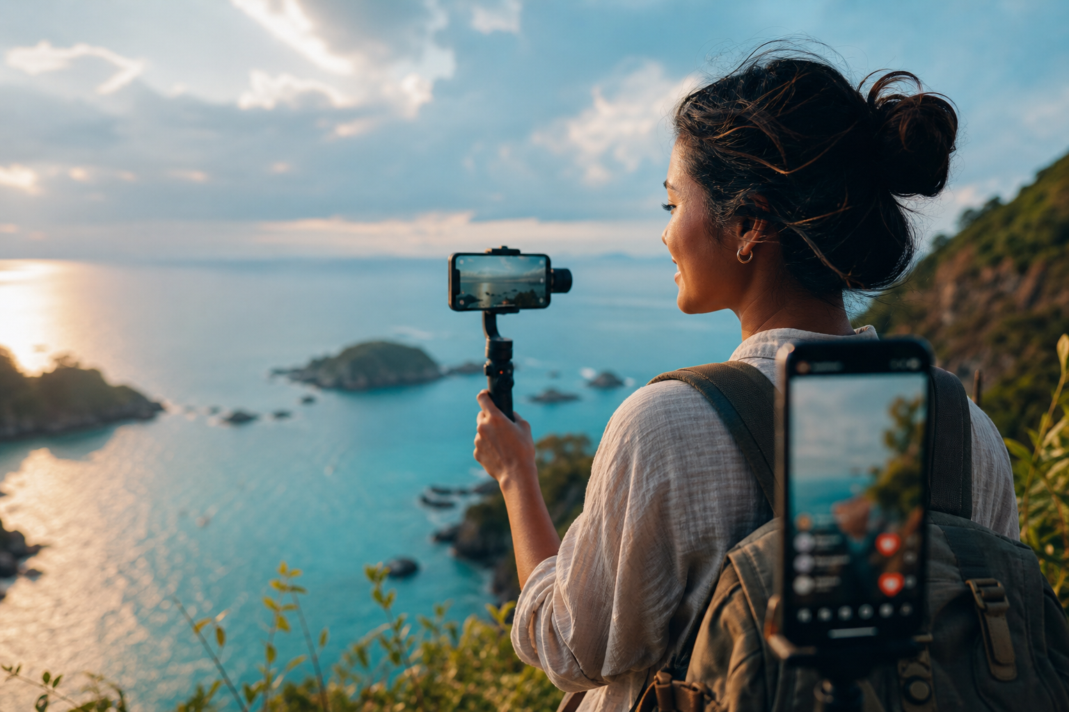 Travel content creator filming a coastal viewpoint with a smartphone gimbal