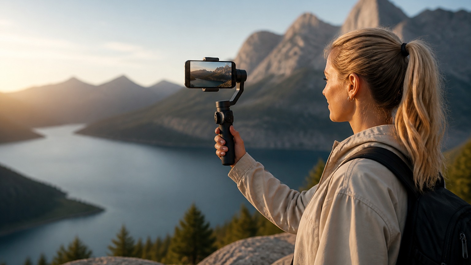 Travel content creator filming a scenic overlook with a smartphone gimbal